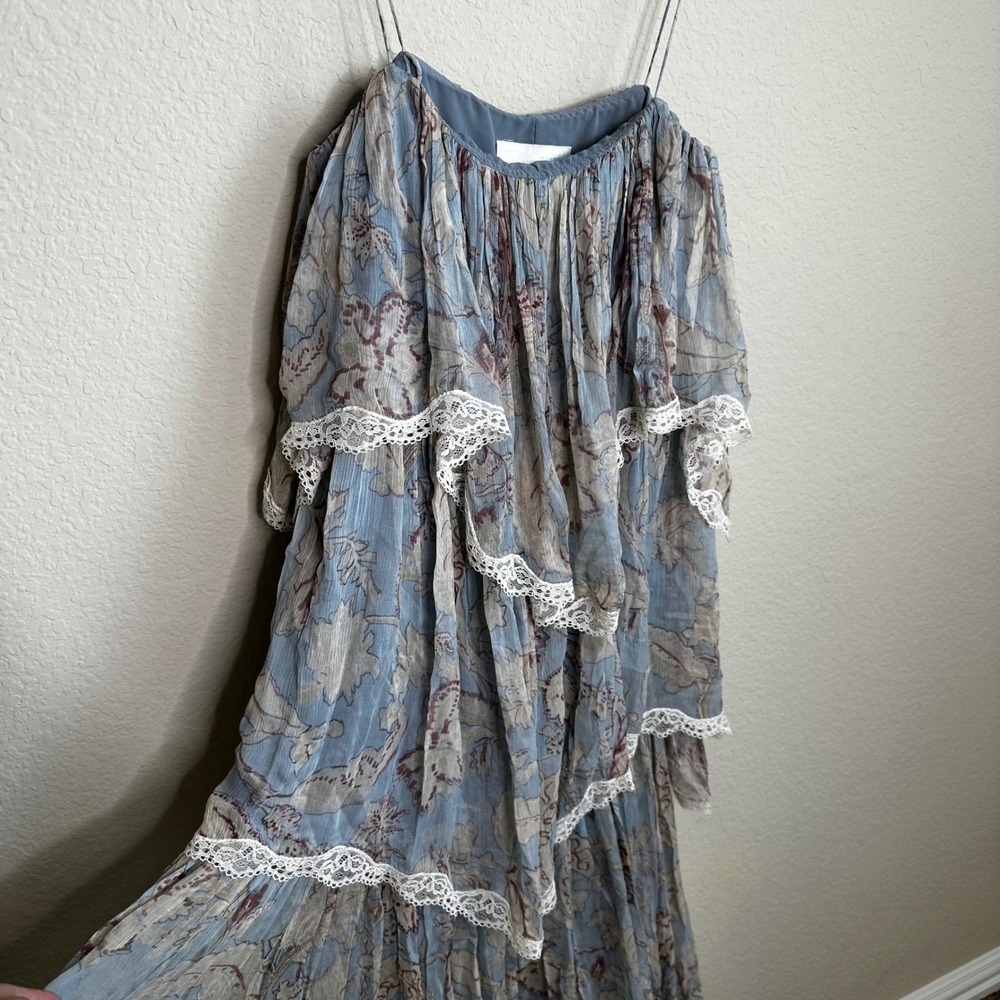 Zara Floral Tiered Maxi Dress Blue Lace Trim Paisley Boho Spaghetti Strap Small - Picture 2 of 10